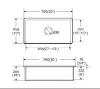 Ovia 760 x 459 x 254mm Undermount Fine Fireclay Butler Sink Single Bowl Farmhouse Kitchen Sink
