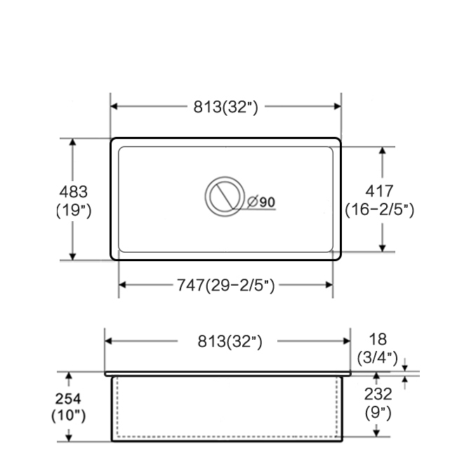 Ovia 813x483x254mm Undermount Fine Fireclay Butler Sink Single Bowl Farmhouse Kitchen Sink