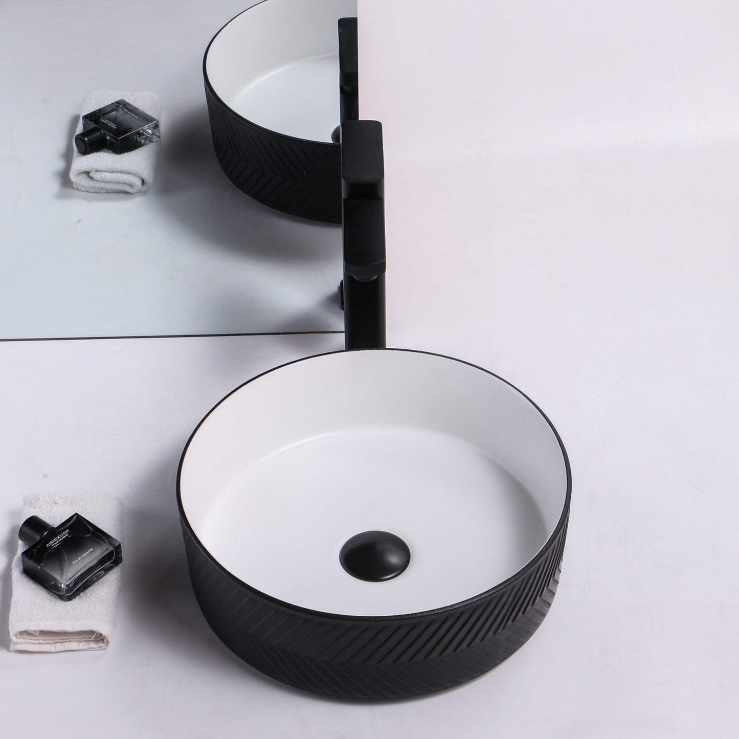 Ovia Art Archilles Matt Black and Matt White Textured Above Counter Basin 360mm x 120mm