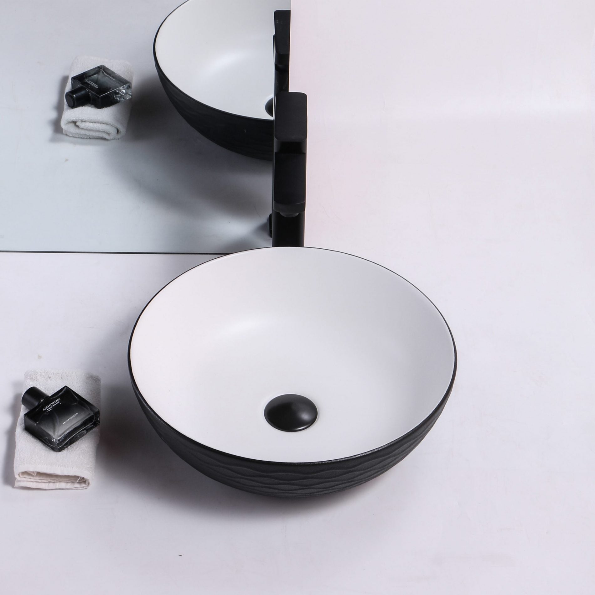 Ovia Art Wavy Matt Black and Matt White Textured Above Counter Basin 400mm x 135mm