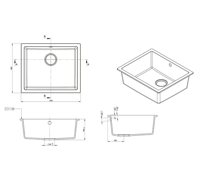 Modern National Como Single Bowl Granite Sink Black Finish - 550 x 460 x 194