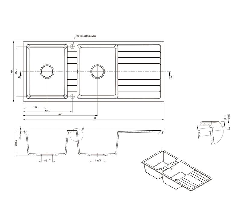 Riva Double Bowl With Drainer Black 1160 x 500 x 210mm