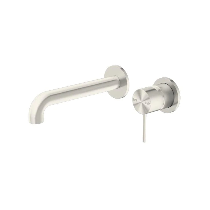 Nero Mecca Wall Basin Mixer Separate Back Plate 185mm Spout Handle Down Brushed Nickel