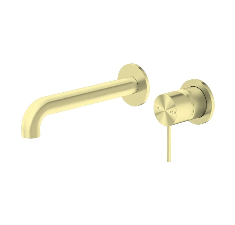 Nero Mecca Wall Basin Mixer Separate Back Plate 185mm Spout Handle Down Brushed Gold