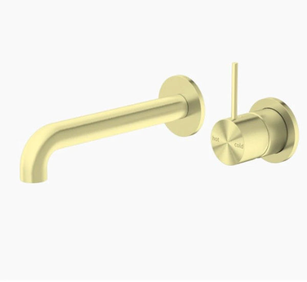 Nero Mecca Wall Basin Mixer Sep Back Plate Handle Up 185mm Spout Brushed Gold