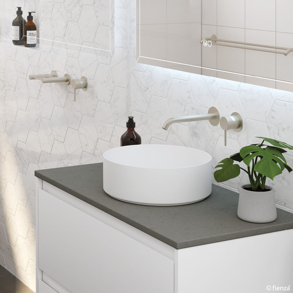 Fienza Kaya wall tapware above a bathroom basin