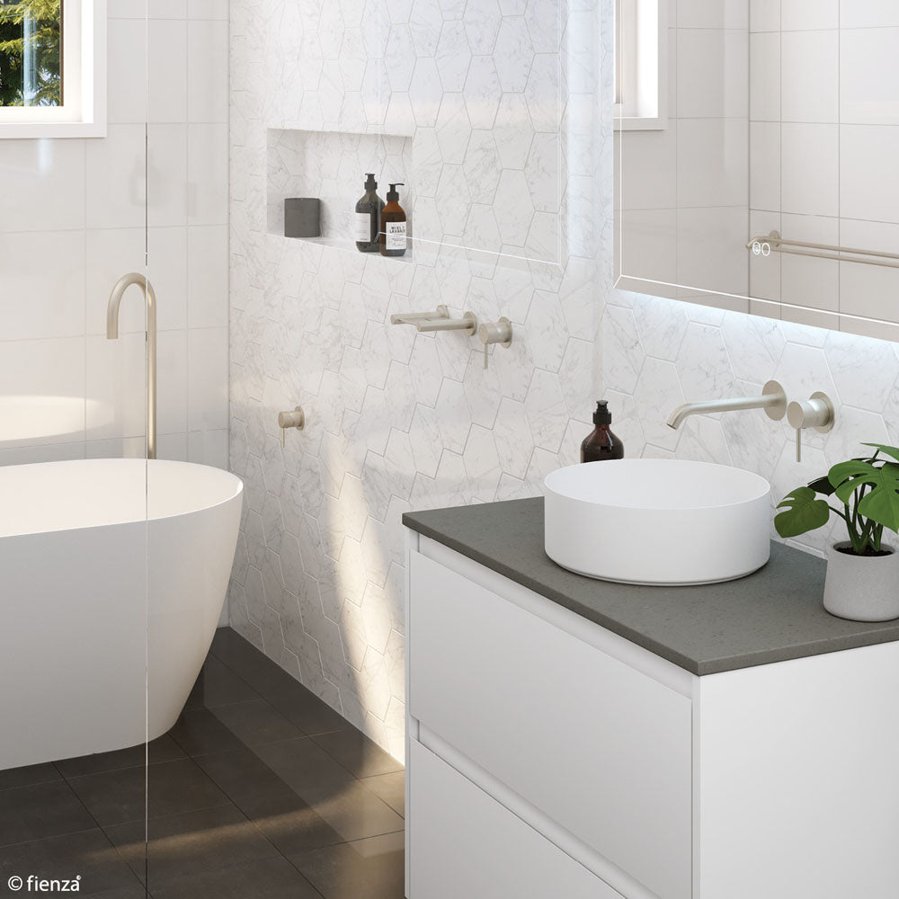 Fienza KAYA Wall Basin Bath Mixer Set Brushed Nickel Round Plates 160mm Outlet