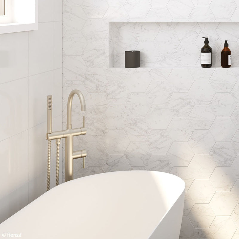 Fienza KAYA Floor Mounted Bath Mixer with Hand Shower Brushed Nickel