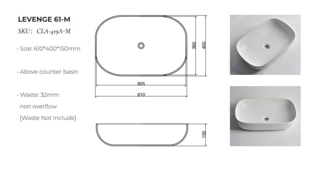 Ovia 610x400x150mm Matte White Rectangle Counter Top Basin