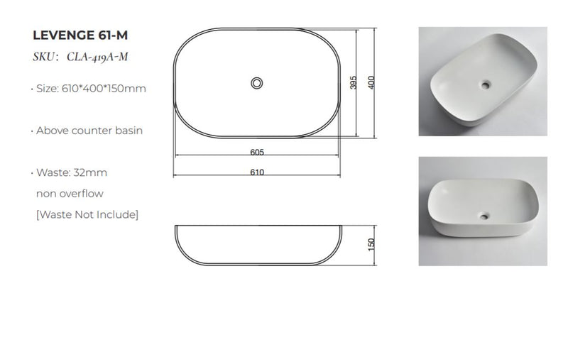 Ovia 610x400x150mm Matte White Rectangle Counter Top Basin