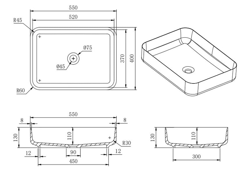 Lukka Kliff Solid Surface Above Counter Basin LK-SKA550-MW