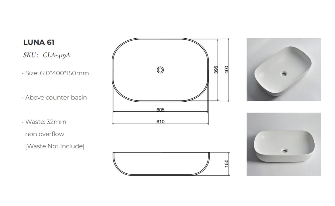 Ovia 610x400x150mm Rectangle Counter Top Basin Gloss White