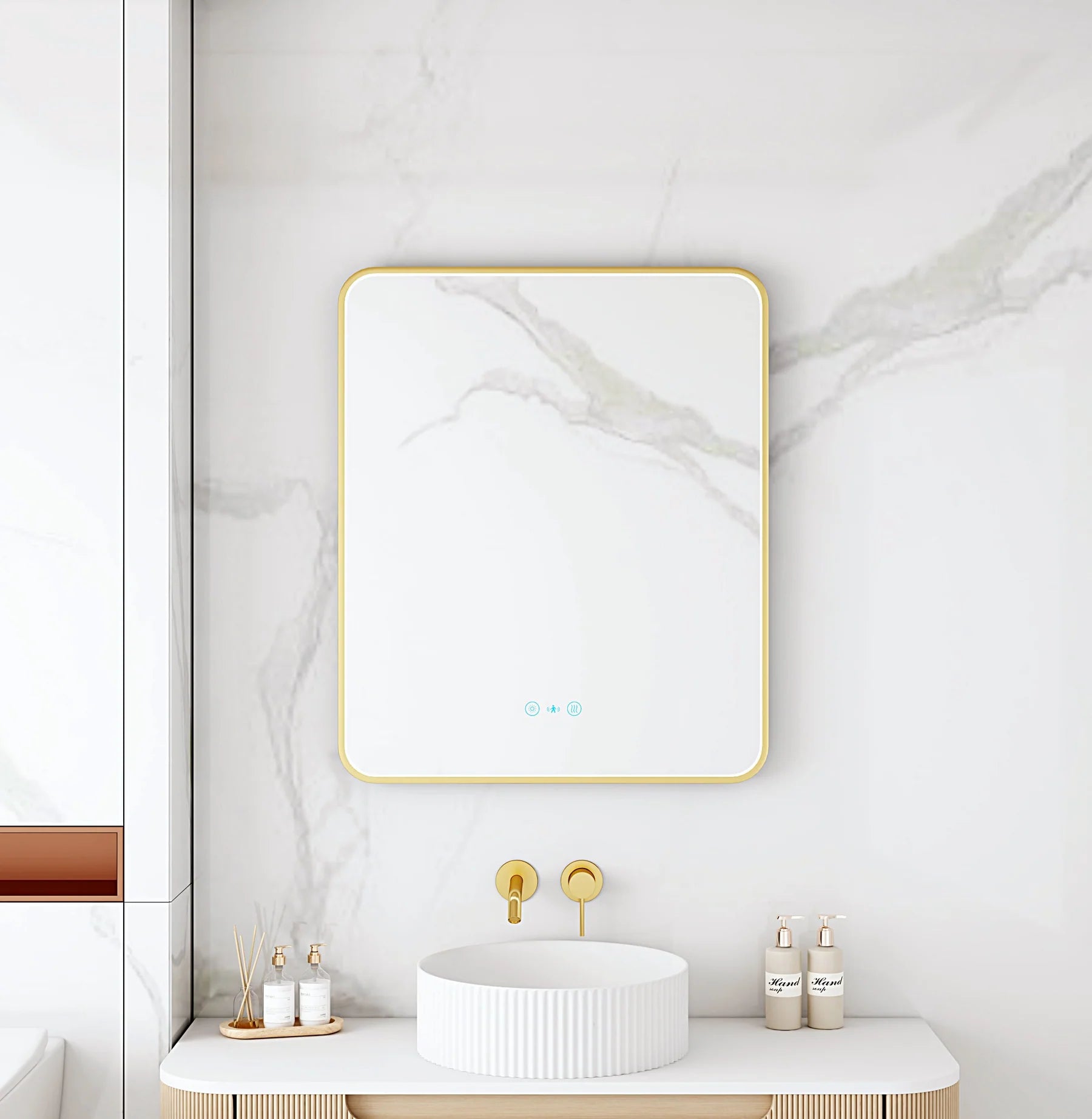 Maia 600×750mm LED Rectangular Mirror – Brushed Gold Frame