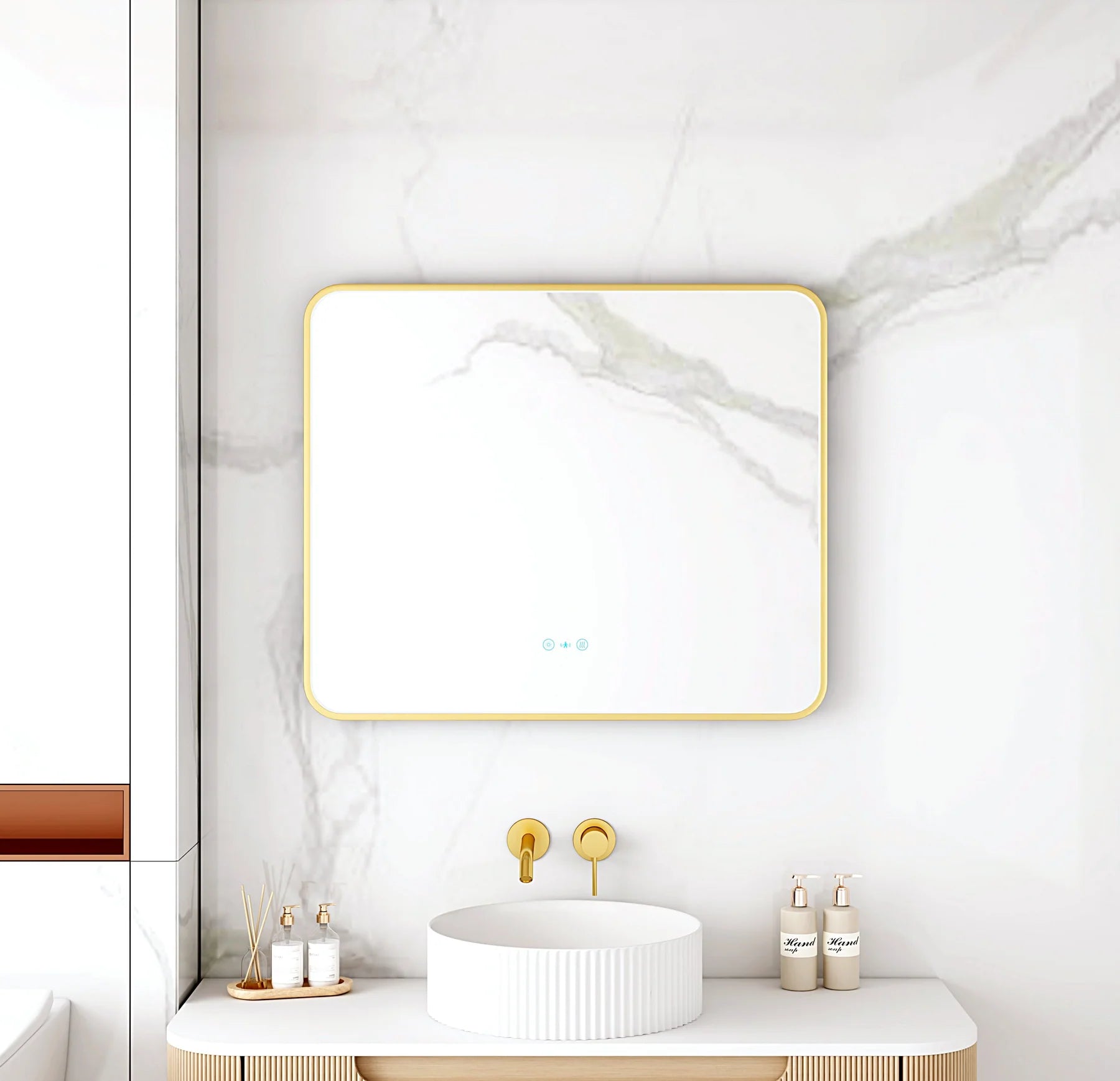 Maia 750×900mm LED Rectangular Mirror – Brushed Gold Frame