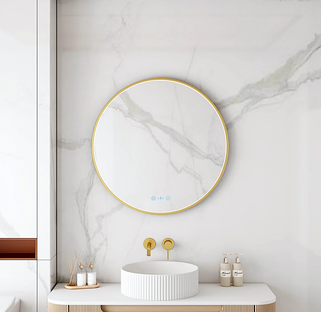 Maia 750mm LED Round Mirror – Brushed Gold Frame