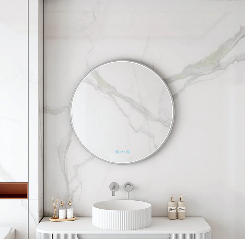 Maia 900mm LED Round Mirror – Brushed Nickel Frame