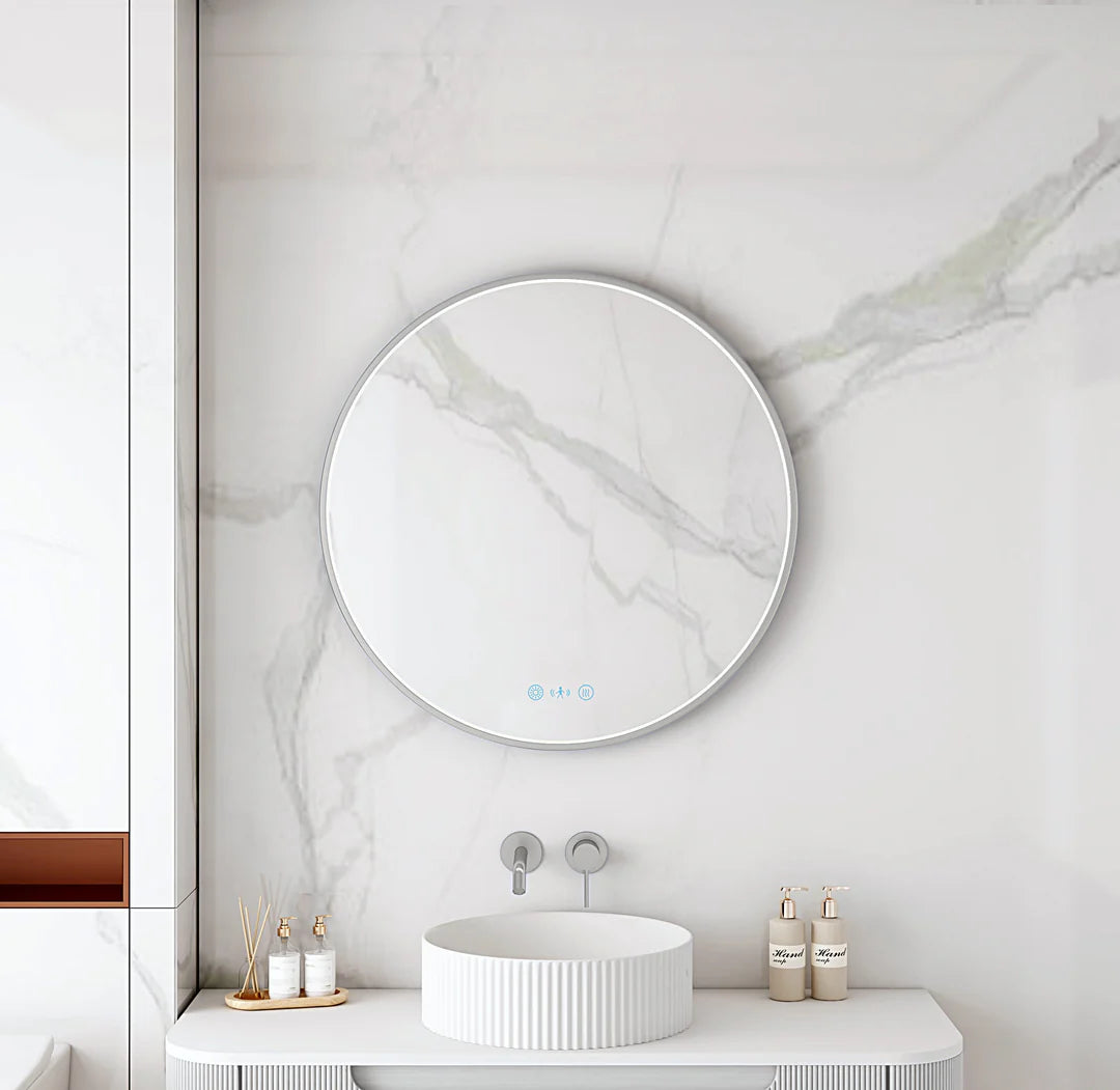 Maia 900mm LED Round Mirror – Gun Metal Frame