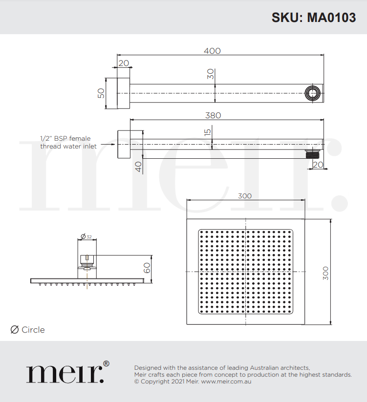 Meir Square Wall Shower 300mm Shower Rose 400mm Arm