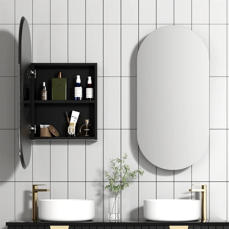 Ovia 900x450mm Pill Oval Shaped Shaving Cabinet Matte Black