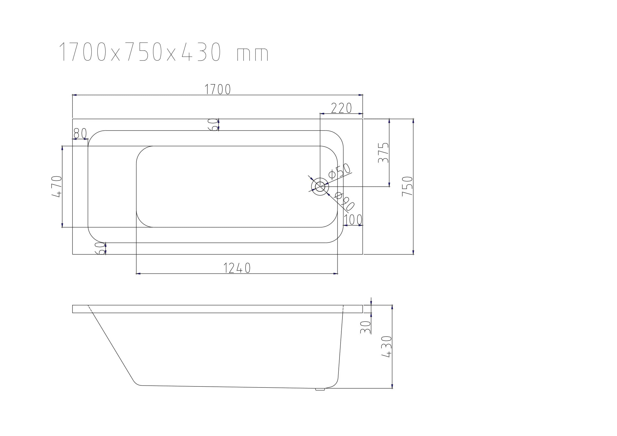 1700mm Mira Insert & Island Bathtub - Gloss White