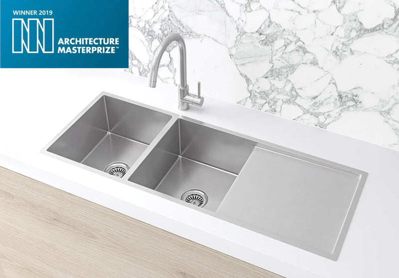 Meir Lavello Kitchen Sink - Double Bowl with Drainboard 1160mm x 440mm - Brushed Nickel
