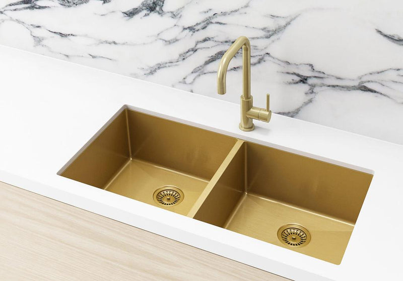 Meir Double Bowl PVD Kitchen Sink 860mm - Brushed Bronze Gold