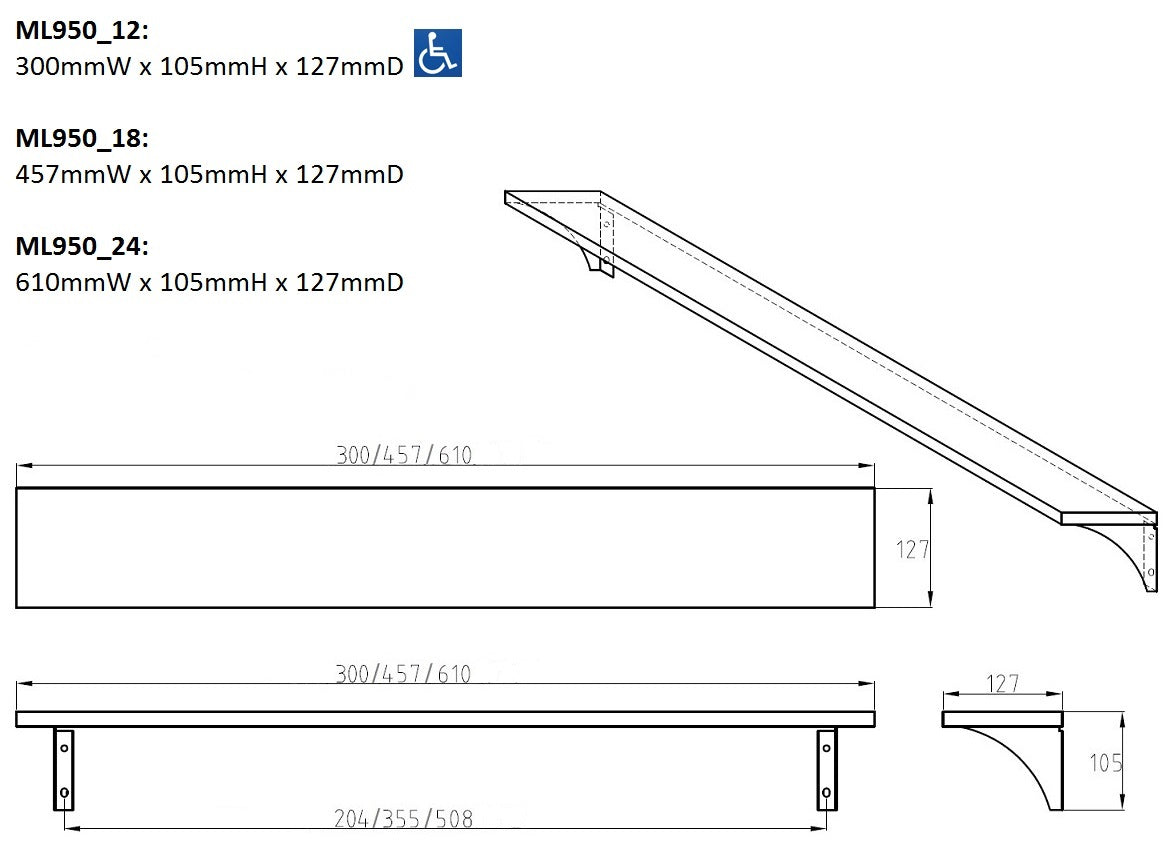 Metlam 300mm , 457mm & 610mm Utility Shelf