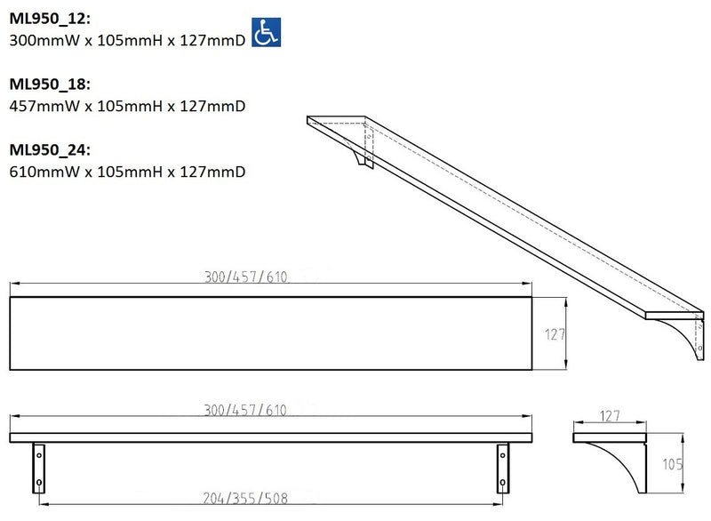 Metlam 300mm , 457mm & 610mm Utility Shelf
