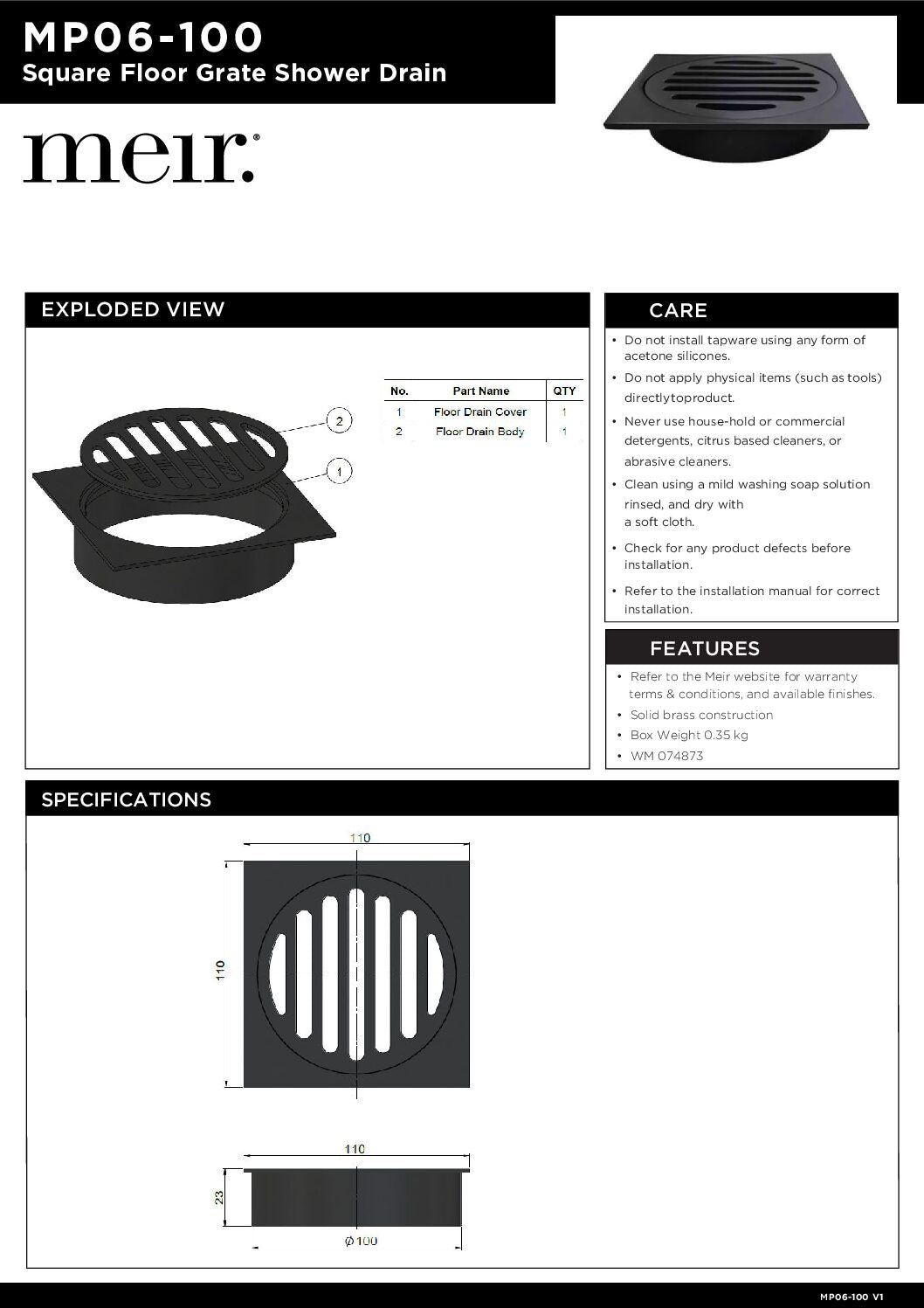 Meir Square Floor Grate Shower Drain 100mm Outlet Champagne