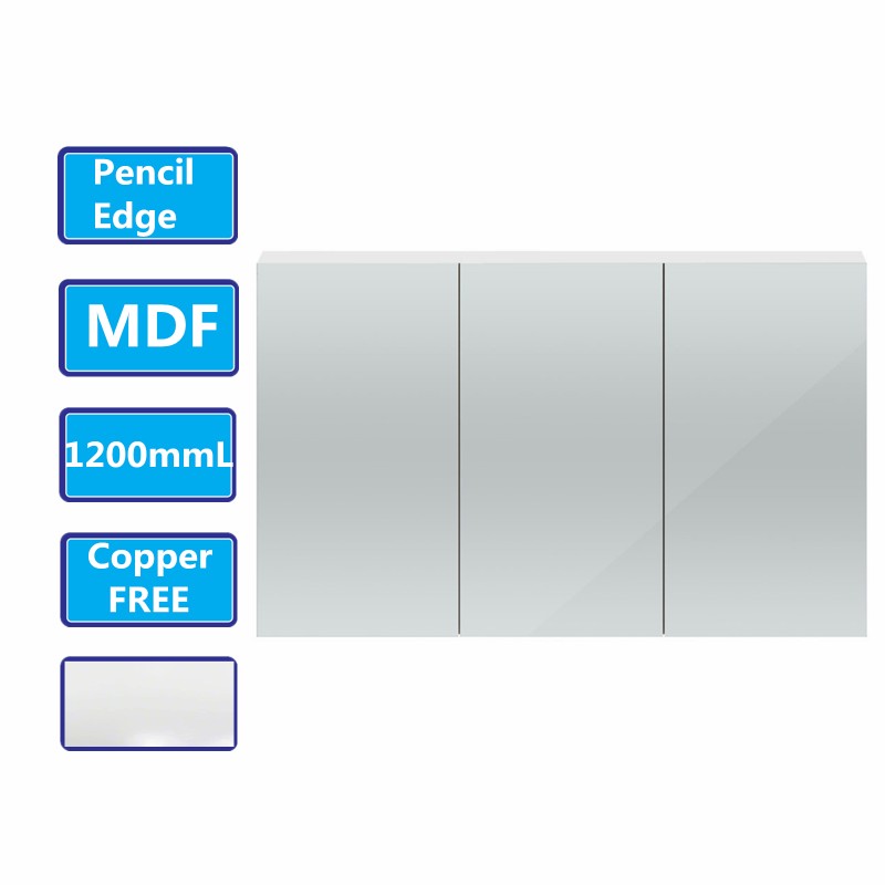 1200Lx720Hx150Dmm MDF Pencil Edge White Shaving Cabinet With Mirror Three Doors