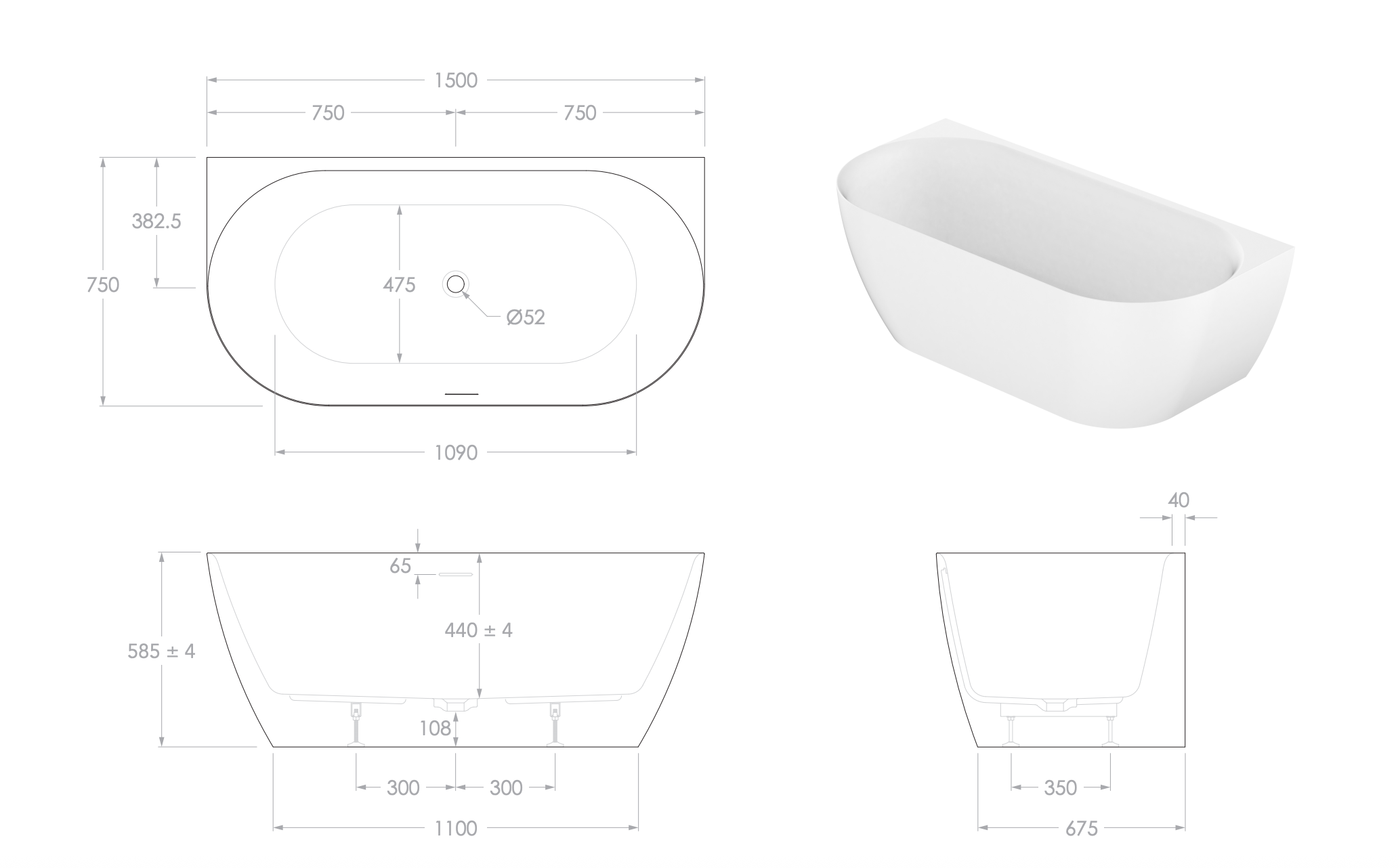 Ovia Madison Back to Wall Bath - 1500mm Gloss White