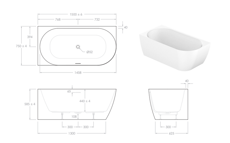 Ovia Madison 1500mm Left Hand Corner Bath Tub Gloss White