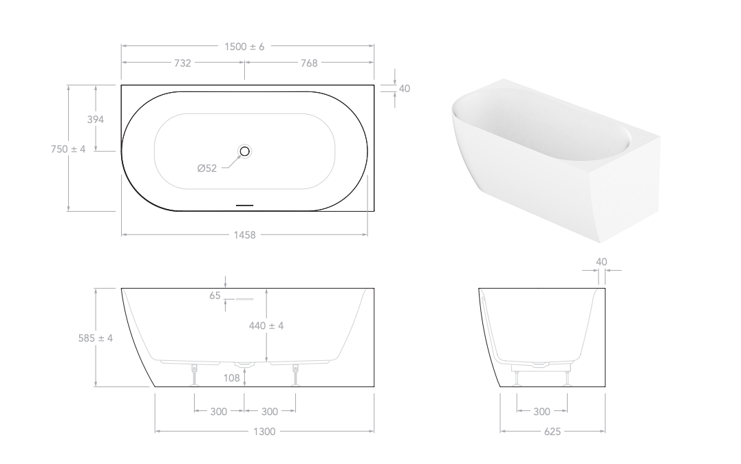 Ovia Madison 1500mm Right Hand Corner Bath Tub Gloss White