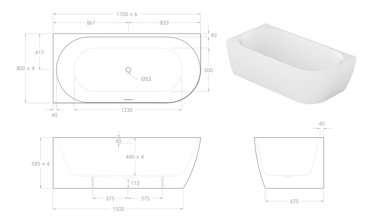 Ovia Madison Corner Bath 1700mm
