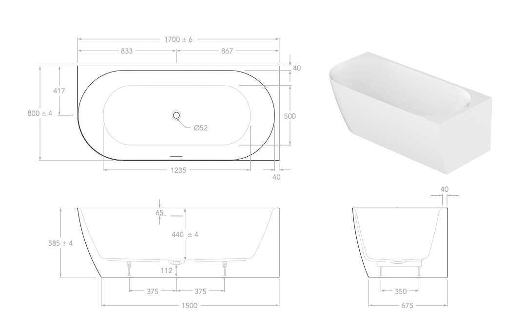 Ovia Madison 1700mm Right Hand Corner Bath Tub Gloss White