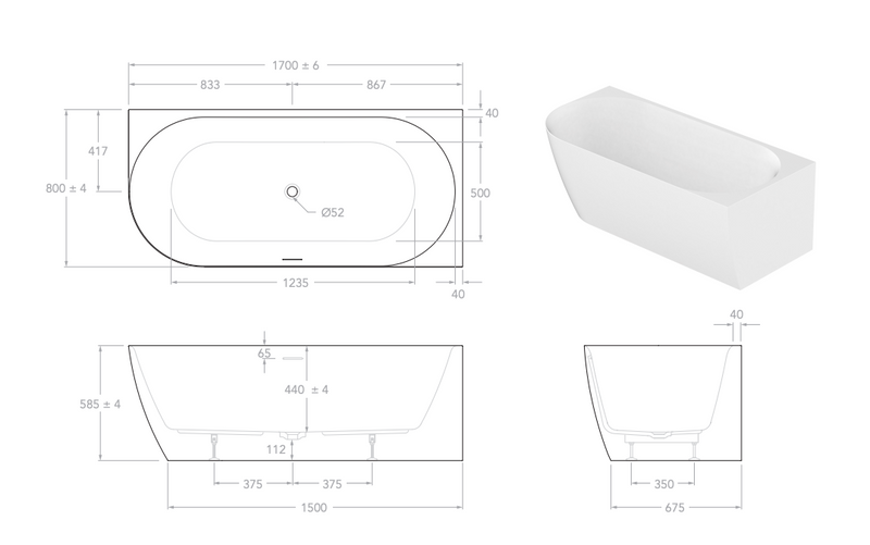 Ovia Madison 1700mm Right Hand Corner Bath Tub Gloss White