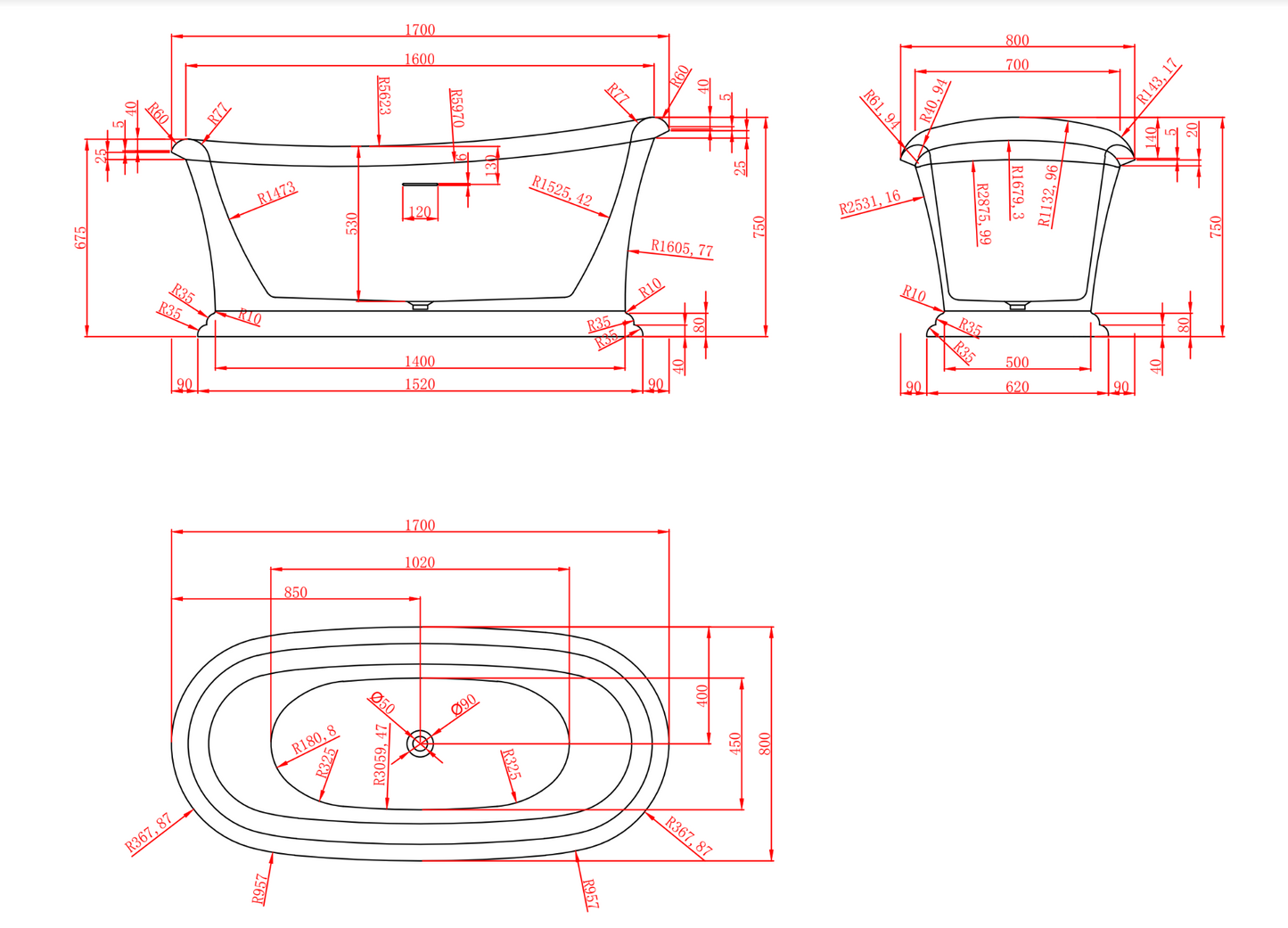 Ovia Westminster 1700mm Matte White Free Standing Bath NO Overflow