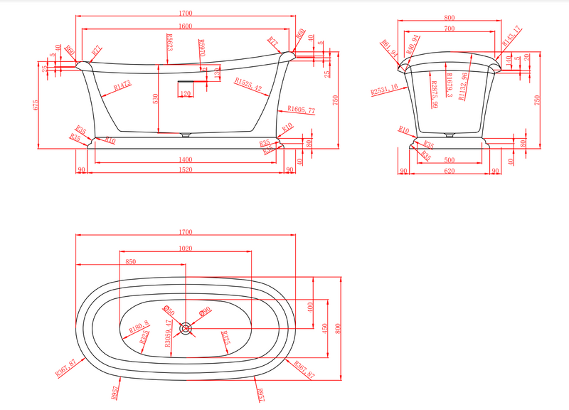 Ovia Westminster 1700mm Matte White Free Standing Bath NO Overflow