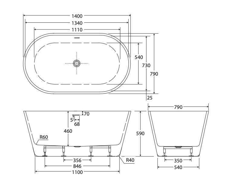 Ovia Oval 1400mm Milan Freestanding Bath Tub Gloss White
