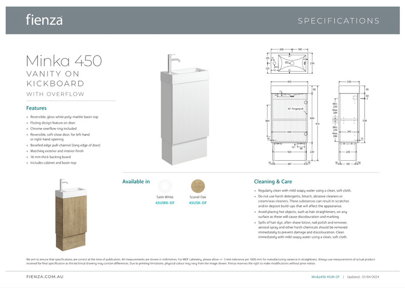 Fienza Minka 450 Vanity on kickboard with Overflow, Satin White