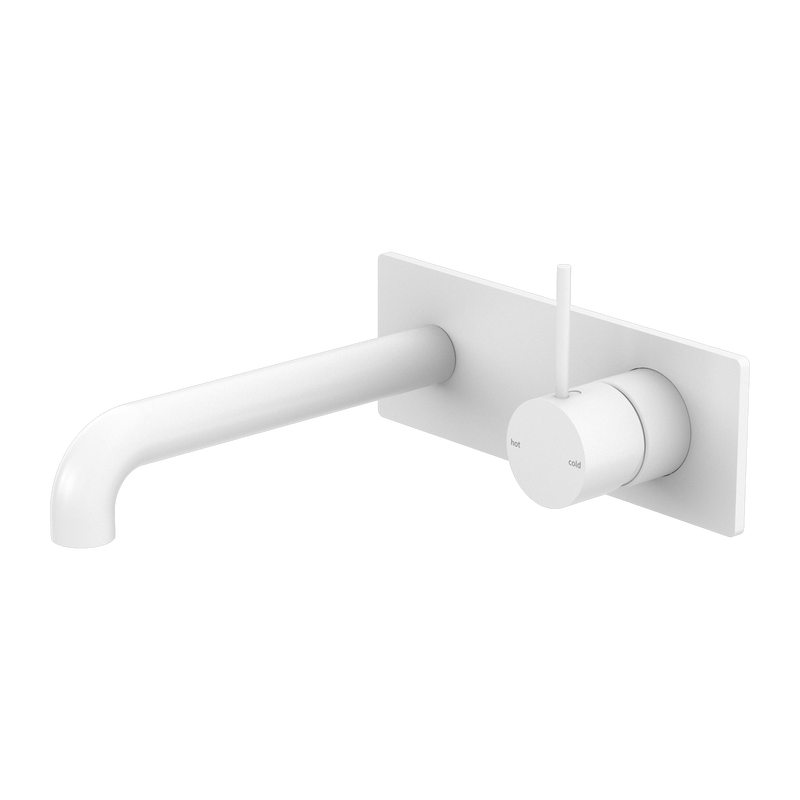 Nero Mecca Wall Basin Mixer with Back Plate 185mm Spout Handle Up Matte White