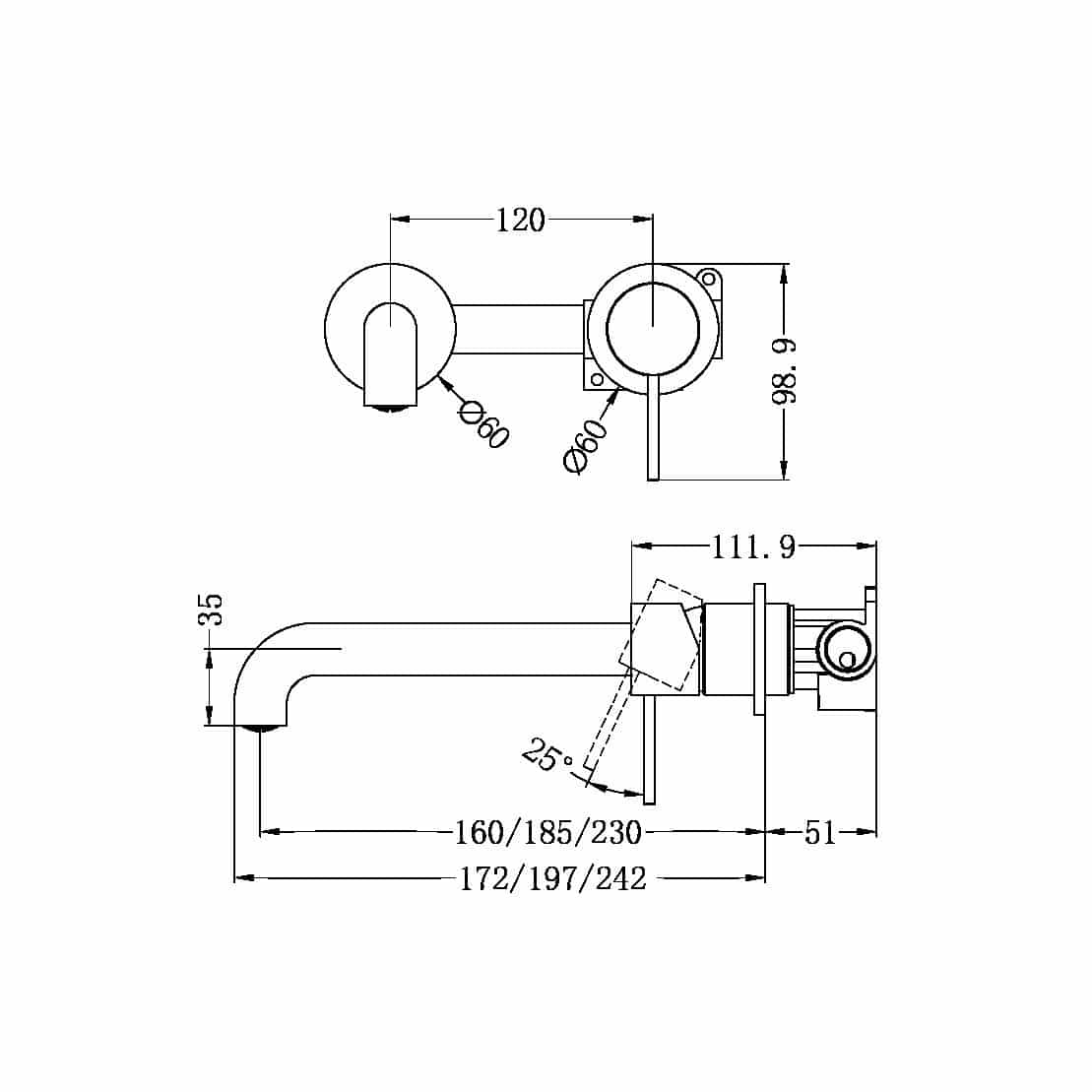 Nero Mecca Wall Basin Mixer Separate Back Plate 185mm Spout Handle Down Gun Metal