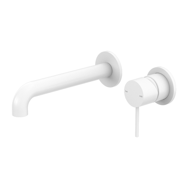 Nero Mecca Wall Basin Mixer Separate Back Plate 185mm Spout Handle Down Matte White