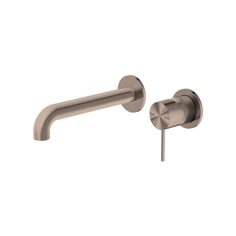 Nero Mecca Wall Basin Mixer Separate Back Plate 185mm Spout Handle Down Brushed Bronze