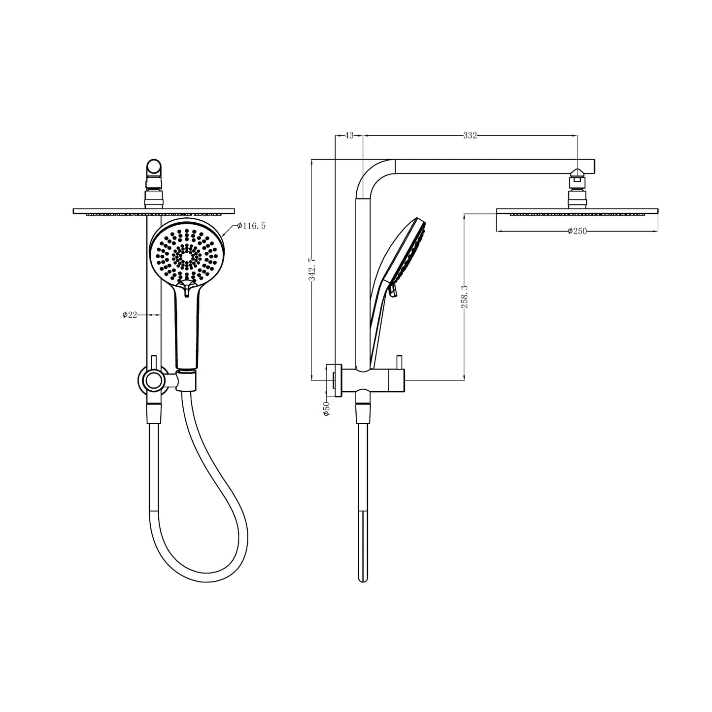 Nero Mecca 2 In 1 Half Shower Rail Set with 250mm Shower Head - Matte Black