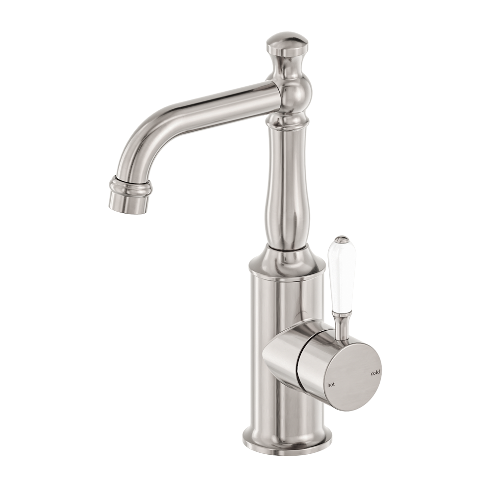 Nero York Basin Mixer With White Porcelain Lever Brushed Nickel
