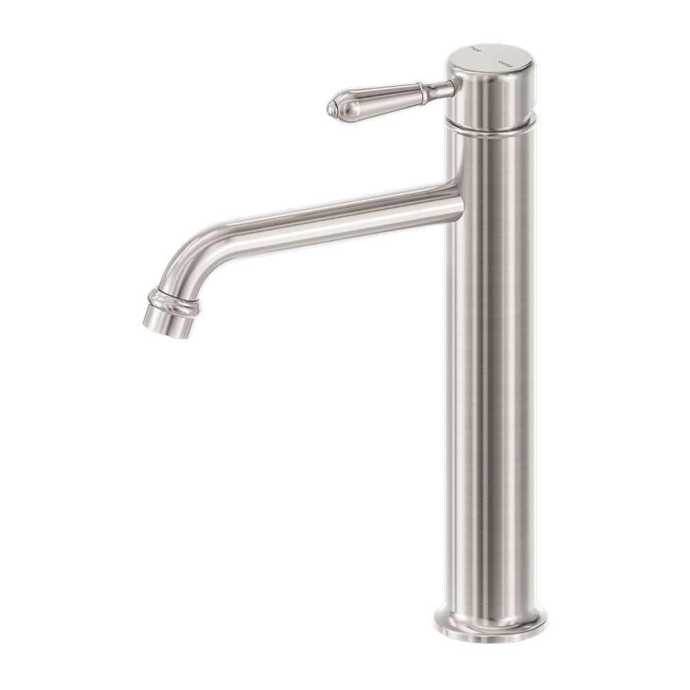 Nero York Straight Tall Basin Mixer With Metal Lever Brushed Nickel