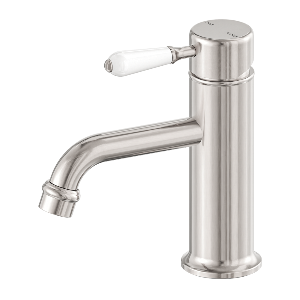 Nero York Straight Basin Mixer With White Porcelain Lever Brushed Nickel