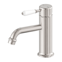 Nero York Straight Basin Mixer with White Porcelain Lever Brushed Nickel