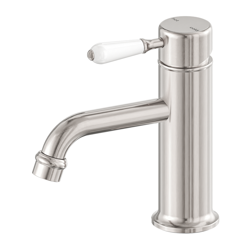 Nero York Straight Basin Mixer With White Porcelain Lever Brushed Nickel